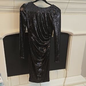 Dress the Population Emilia Black Sequin Dress XS | Long Sleeve  Slit Back | NWT